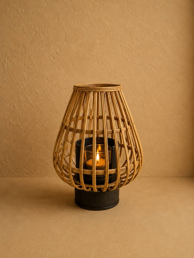 Διακοσμητικό φανάρι bamboo σε φυσικό μπεζ και μαύρο χρώμα 39,5εκ. με γυάλινη θήκη κεριού.
