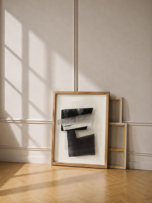 Abstract πίνακας 40x50 εκ. με γεωμετρικές ασπρόμαυρες φόρμες σε ξύλινο πλαίσιο και γυάλινη προστασία