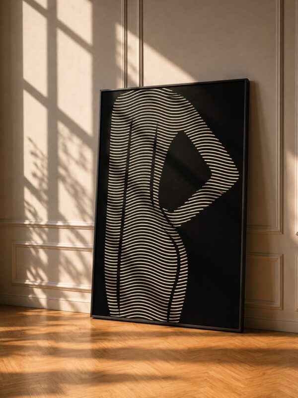 Abstract πίνακας καμβάς 70x120 εκ. με γυναικεία σιλουέτα σε μαύρο φόντο και γραμμικό σχέδιο