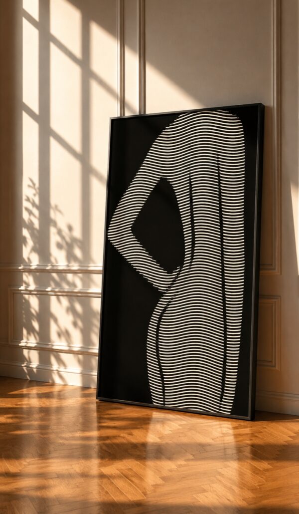 Μοντέρνος καμβάς 70x120 εκ. με abstract γυναικεία φιγούρα σε μαύρο φόντο και γραμμικό σχέδιο