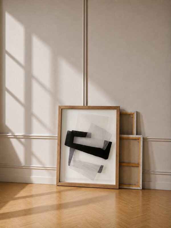Minimal abstract πίνακας 40x50 εκ. με γεωμετρικές φόρμες σε μαύρο και γκρι χρώμα σε ξύλινο πλαίσιο