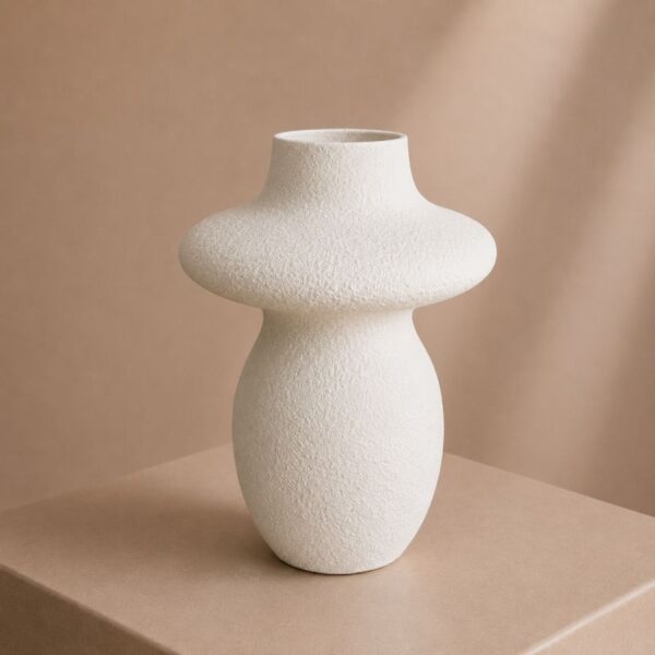 Λευκό κεραμικό βάζο με textured υφή και sculptural minimal σχεδιασμό για μοντέρνα διακόσμηση σαλονιού και τραπεζαρίας.