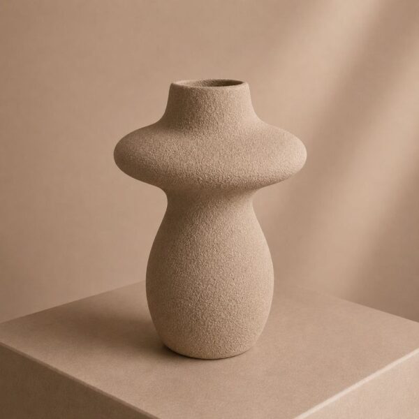 Μπεζ κεραμικό διακοσμητικό βάζο με textured υφή και sculptural σχεδιασμό για modern και minimal διακόσμηση εσωτερικού χώρου.