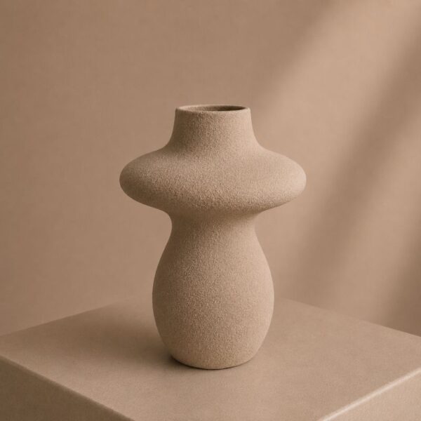 Μπεζ κεραμικό βάζο με textured υφή και sculptural σχεδιασμό για minimal και modern διακόσμηση σαλονιού.
