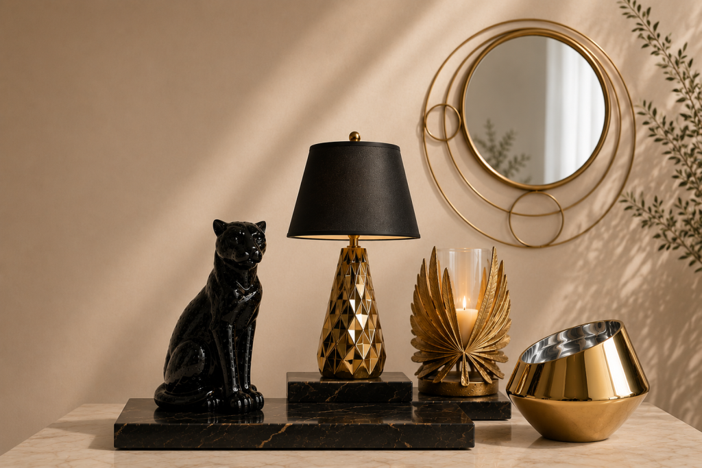 Art Deco Glam διακοσμητικά Omnideco με χρυσό καθρέφτη, μαύρη πάνθηρα, χρυσό κηροπήγιο και διακοσμητικό μπωλ